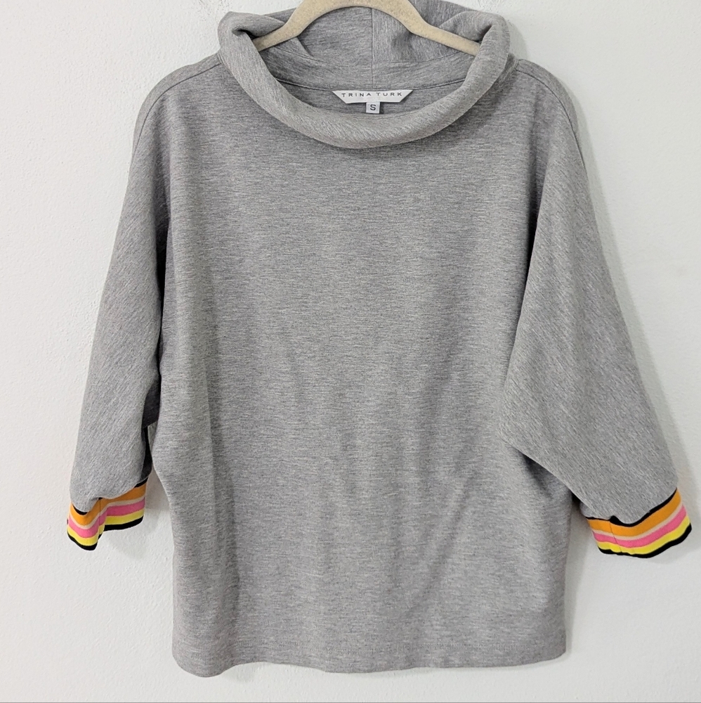 Trina Turk Aquata Foldover Neck Top Dolman Sleeve Contrast Cuff Gray Small S
